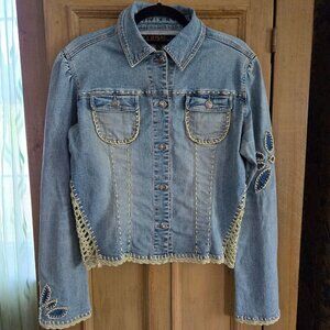 Y2K Denim Jean Jacket Crochet Trim Applique Size 11 Boho Fairy Grunge Stretch